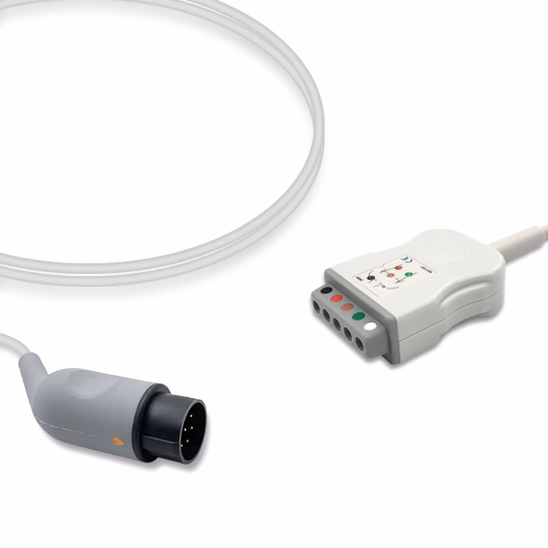 Compatible 5-lead with Respiratory Rate ECG Trunk Cable AHA (for use with Nihon Kohden) Reusable, Limb + Chest Lead, 2.5m, used with Safety Din Leadwire SKU: ET-5011-D-A